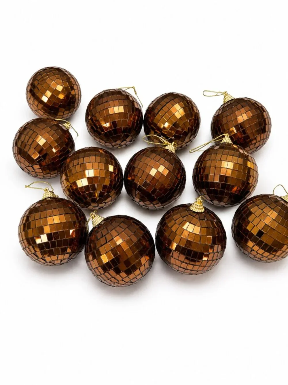 Set of 10 Bronze Copper Disco Ball Christmas Ornaments | Mirrored Holiday